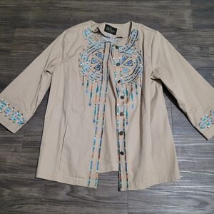 Bob Mackie Beige Embroidered Button Jacket "Santa Fe Dream" embroidered 3/4 Slee